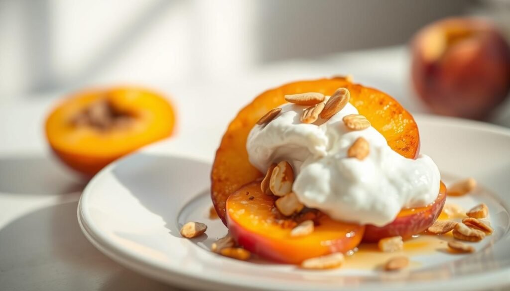 A close-up shot of a visually appealing and healthy peach dessert, bathed in warm, natural lighting. The dessert is presented on a clean, minimalist white plate, showcasing the vibrant colors and textures of the peach slices, complemented by a dollop of creamy Greek yogurt and a sprinkling of toasted almond slivers. The background is blurred, creating a soft, serene atmosphere that emphasizes the dessert's simplicity and nutritious appeal. The overall composition evokes a sense of balance, lightness, and a wholesome, guilt-free indulgence.
