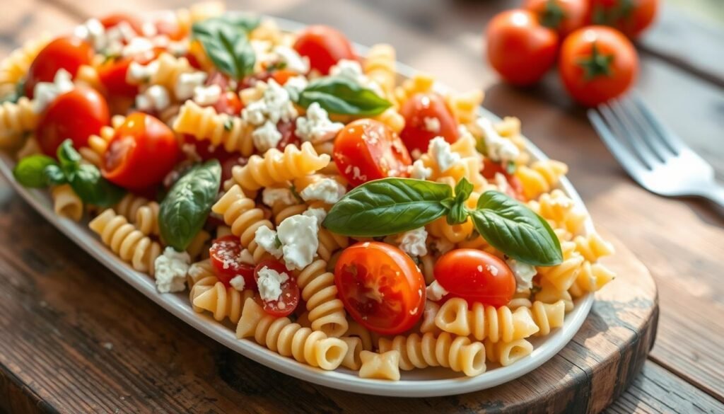 A close-up shot of a visually appealing pasta salad arranged on a wooden table or rustic surface. The salad is composed of colorful, bite-sized pasta, juicy cherry tomatoes, fresh basil leaves, and crumbled feta cheese, dressed in a light, creamy vinaigrette. The lighting is soft and natural, creating a relaxed, summery atmosphere. The composition is balanced, with the pasta salad taking up the majority of the frame, and the background blurred to focus the viewer's attention on the delectable dish. The overall mood is one of effortless, casual elegance - a "lazy day" indulgence that perfectly captures the essence of the "Store-Bought Shortcut Champions" section.