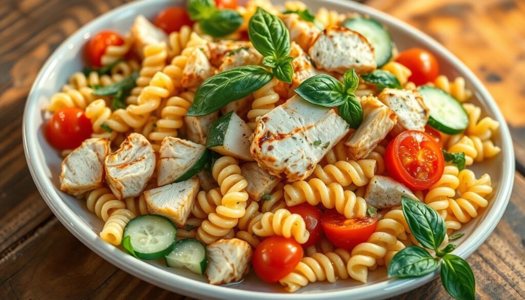 A close-up shot of a visually appetizing protein pasta salad, arranged artfully on a rustic wooden table. The salad features vibrant, al dente pasta in a range of colors, interspersed with tender chunks of grilled chicken, crisp slices of cucumber, juicy cherry tomatoes, and fresh sprigs of basil. The dressing is a creamy, herbal vinaigrette that glistens on the ingredients. Warm, natural lighting casts a golden glow, highlighting the fresh, healthy ingredients. The overall composition is balanced and visually enticing, inviting the viewer to enjoy this protein-packed summer dish. A close-up shot of a visually appetizing protein pasta salad, arranged artfully on a rustic wooden table. The salad features vibrant, al dente pasta in a range of colors, interspersed with tender chunks of grilled chicken, crisp slices of cucumber, juicy cherry tomatoes, and fresh sprigs of basil. The dressing is a creamy, herbal vinaigrette that glistens on the ingredients. Warm, natural lighting casts a golden glow, highlighting the fresh, healthy ingredients. The overall composition is balanced and visually enticing, inviting the viewer to enjoy this protein-packed summer dish.