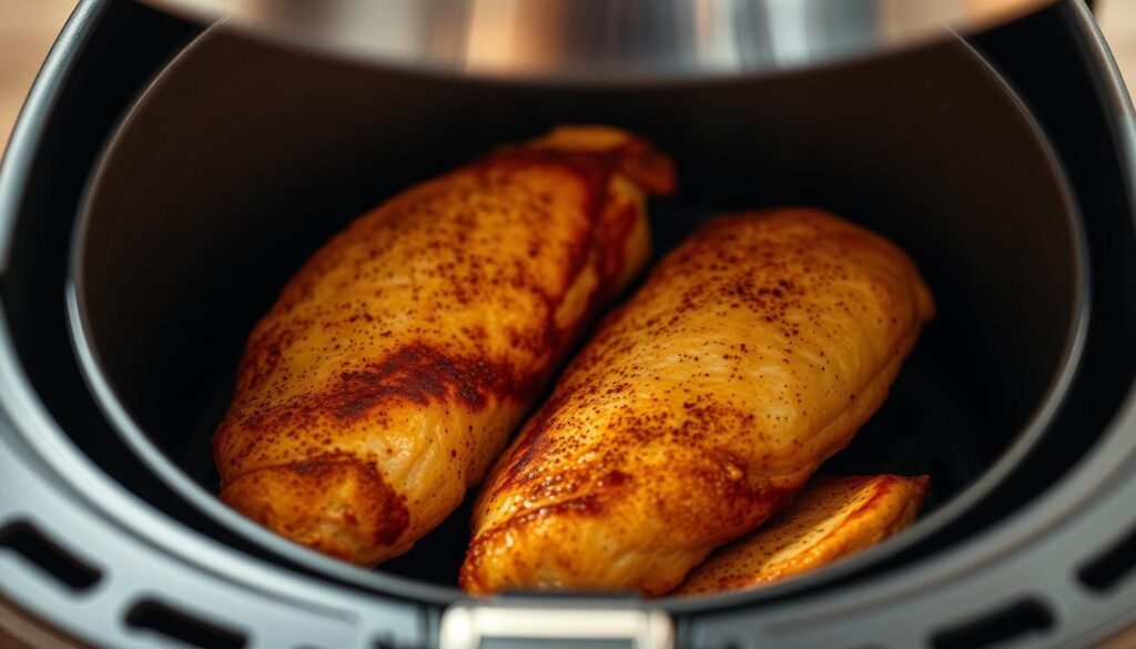 A close-up shot of crisp, golden-brown chicken breasts nestled in an air fryer basket, showcasing their juicy, tender interior. Diffused lighting bathes the scene in a warm, appetizing glow, casting subtle shadows that accentuate the texture and curves of the meat. The air fryer's sleek, modern design takes center stage, its brushed metal finish gleaming under the carefully crafted illumination. The overall composition exudes a sense of effortless culinary mastery, inviting the viewer to imagine the mouthwatering flavors and aromas that await.