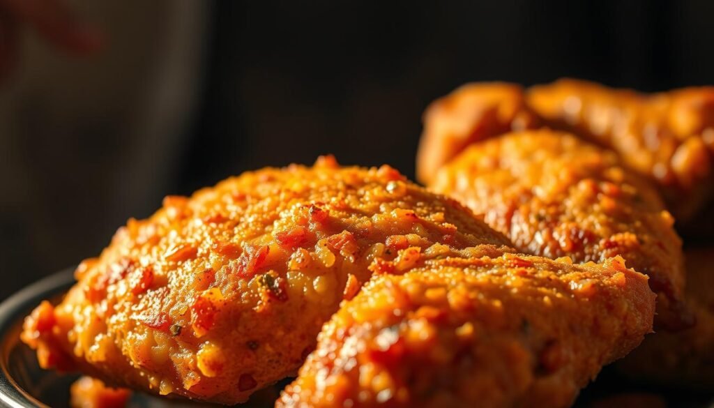 A close-up shot of perfectly seared and crispy air-fried chicken, showcasing its golden-brown exterior and juicy, tender interior. The chicken is delicately seasoned, with hints of garlic, paprika, and herbs. The scene is illuminated by warm, directional lighting, casting dramatic shadows and highlights that accentuate the dish's textures and details. The background is blurred, creating a focus on the air-fried chicken, which takes center stage as the pinnacle of mastery in air fryer cooking. The overall atmosphere is one of culinary excellence, inviting the viewer to experience the mouthwatering perfection of this air-fried chicken dish.
