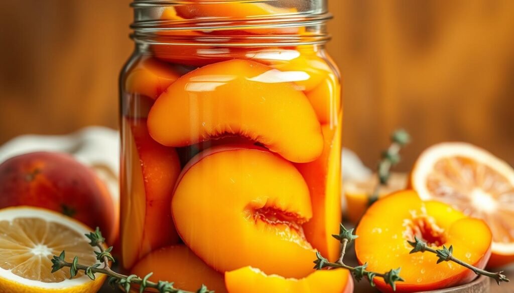 A close-up still life of a glass jar filled with canned peach halves, bathed in warm, diffused lighting. The peach flesh glistens, its vibrant orange-yellow hue accented by the jar's crystal-clear glass. Slices of fresh lemon and sprigs of fragrant thyme surround the jar, hinting at ways to enhance the natural sweetness of the canned fruit. The image has a soft, inviting mood, conveying the comforting and indulgent nature of a homemade peach dessert. A medium depth of field keeps the jar in sharp focus while subtly blurring the background, emphasizing the star of the composition.