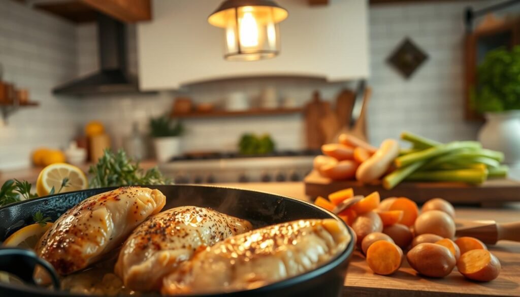 A comforting, classic chicken dinner scene in a cozy, well-lit kitchen. In the foreground, tender chicken breasts sizzle in a cast-iron skillet, their golden-brown skin glistening under warm, soft lighting. Beside the pan, fresh herbs, lemon wedges, and a simple seasoning blend evoke homemade, straightforward flavors. In the middle ground, a wooden cutting board hosts a pile of sliced carrots and potatoes, ready to be roasted alongside the chicken. The background features a farmhouse-style kitchen, with exposed beams, white subway tiles, and a vintage-inspired pendant light casting a gentle glow over the scene. An atmosphere of effortless, comforting cuisine permeates the image. A comforting, classic chicken dinner scene in a cozy, well-lit kitchen. In the foreground, tender chicken breasts sizzle in a cast-iron skillet, their golden-brown skin glistening under warm, soft lighting. Beside the pan, fresh herbs, lemon wedges, and a simple seasoning blend evoke homemade, straightforward flavors. In the middle ground, a wooden cutting board hosts a pile of sliced carrots and potatoes, ready to be roasted alongside the chicken. The background features a farmhouse-style kitchen, with exposed beams, white subway tiles, and a vintage-inspired pendant light casting a gentle glow over the scene. An atmosphere of effortless, comforting cuisine permeates the image.