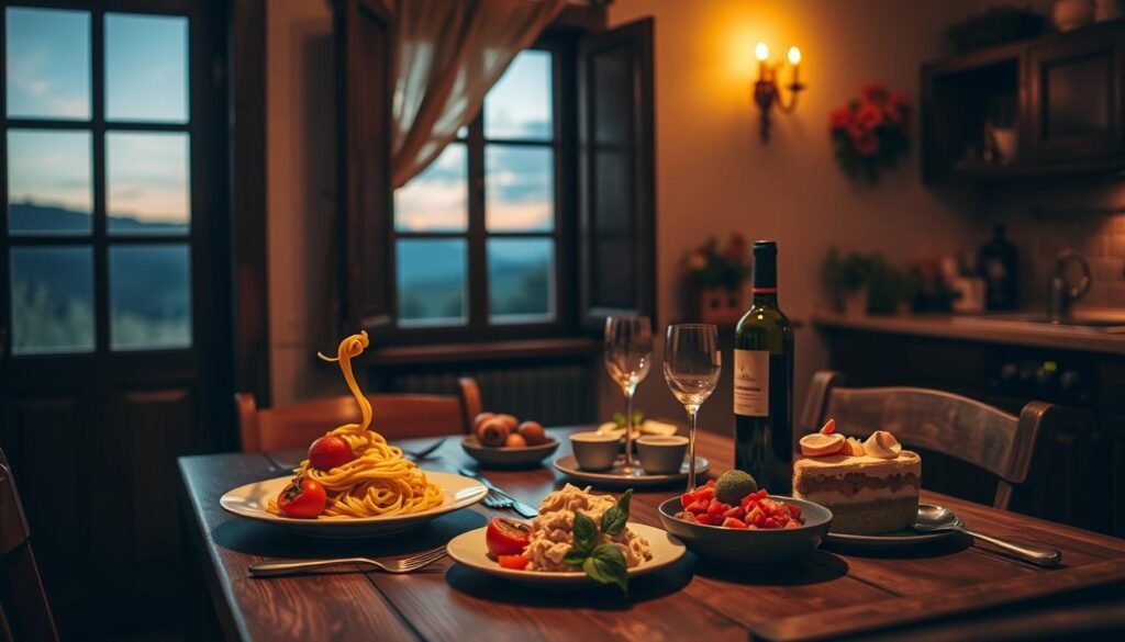 A cozy Italian kitchen with a wooden table set for two, bathed in warm, golden lighting. On the table, a spread of romantic dishes - fresh pasta twirling around a fork, a luscious tomato and basil salad, a bottle of Chianti, and a tiramisu dessert waiting to be savored. Through a window, a picturesque view of rolling Tuscan hills in the distance. The scene evokes an intimate, candlelit ambiance, perfect for a special date night at home.