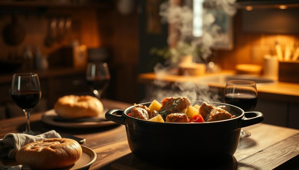 A cozy, dimly lit kitchen scene featuring a hearty, one-pot chicken dish. In the foreground, a steaming cast-iron pot filled with tender, juicy chicken pieces, potatoes, carrots, and aromatic herbs. The middle ground showcases a wooden table set with a simple, rustic place setting, including a fluffy, crusty bread roll and a glass of red wine. In the background, warm, golden lighting casts a comforting glow, while the edges of the frame are softly blurred, creating a sense of intimacy and comfort. The overall mood is one of nourishing, homemade goodness, perfectly capturing the essence of a classic one-pot chicken comfort meal.