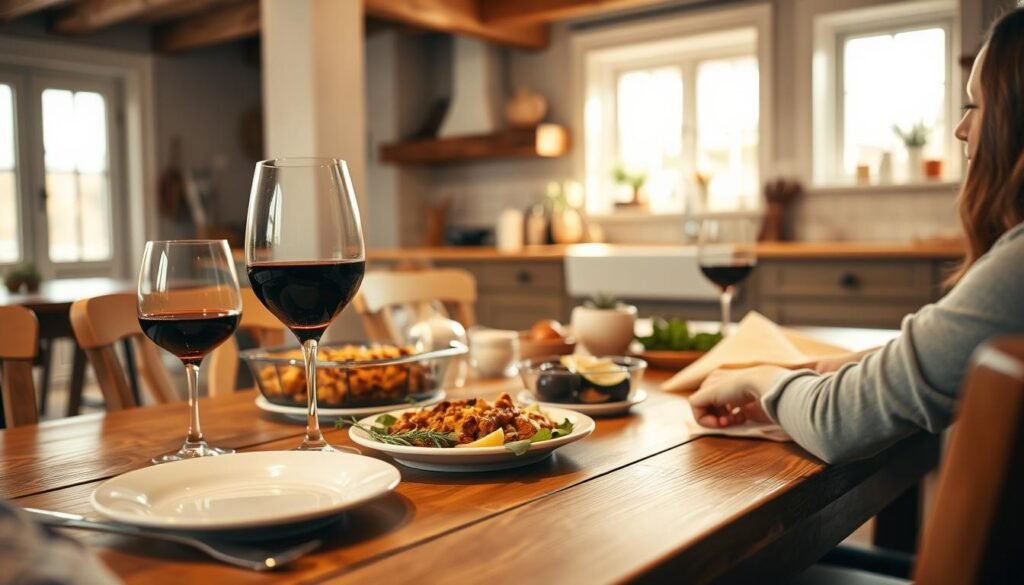 A cozy family dinner scene, captured in warm, soft lighting. In the foreground, a wooden table is set with a simple yet elegant place setting - a white plate, a glass of red wine, and a sprig of fresh herbs. In the middle ground, a variety of delectable dishes are placed, such as a hearty casserole, a fresh salad, and a basket of crusty bread. The background features a charming, rustic kitchen, with exposed beams, a farmhouse-style sink, and a large window that lets in natural light, casting a gentle glow over the entire scene. The overall mood is one of comfort, togetherness, and the simple pleasures of a homemade family meal.