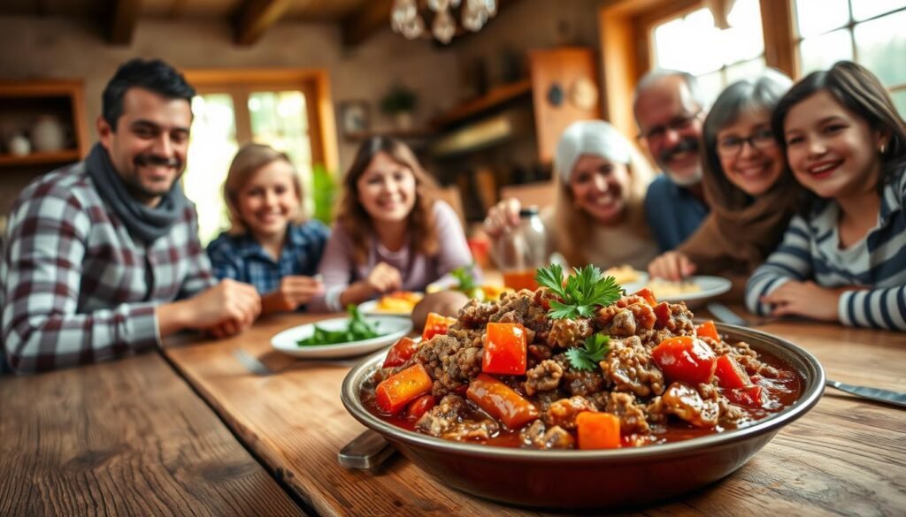 A cozy family gathering around a bountiful one-pot dish, the rich aroma of ground beef, tomatoes, and herbs filling the air. In the foreground, a hearty serving of the savory stew, garnished with fresh parsley, sits atop a rustic wooden table. In the middle ground, a group of smiling faces - parents, children, and grandparents - enjoy the comforting meal together, their expressions radiating contentment. The background features a warm, inviting kitchen with natural light streaming through the windows, conveying a sense of homeliness and tradition. The overall mood is one of nourishment, togetherness, and the timeless pleasure of a simple, satisfying family-friendly dish. A cozy family gathering around a bountiful one-pot dish, the rich aroma of ground beef, tomatoes, and herbs filling the air. In the foreground, a hearty serving of the savory stew, garnished with fresh parsley, sits atop a rustic wooden table. In the middle ground, a group of smiling faces - parents, children, and grandparents - enjoy the comforting meal together, their expressions radiating contentment. The background features a warm, inviting kitchen with natural light streaming through the windows, conveying a sense of homeliness and tradition. The overall mood is one of nourishment, togetherness, and the timeless pleasure of a simple, satisfying family-friendly dish.