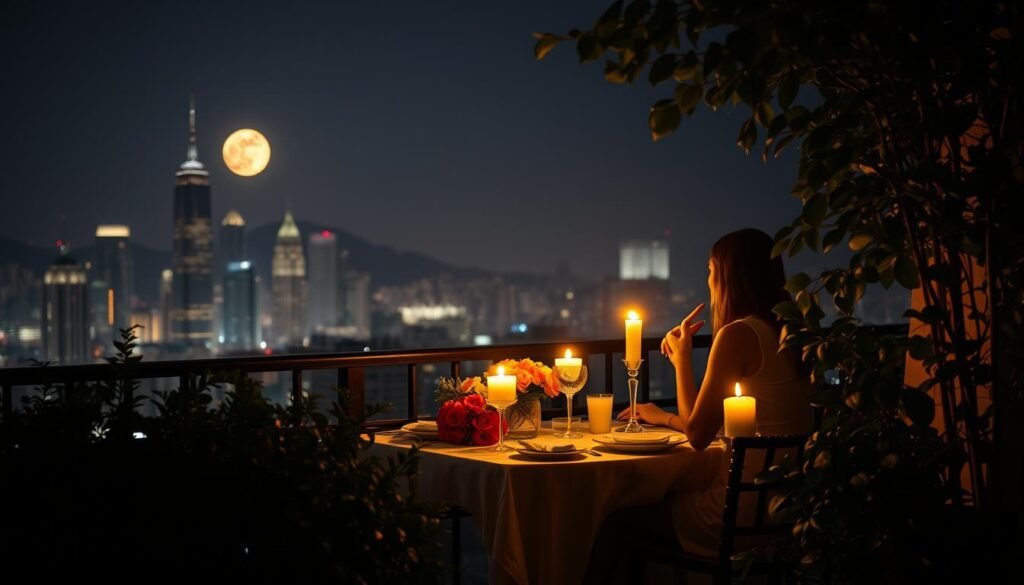 A cozy, intimate scene of a romantic dinner for two on a balcony overlooking a moonlit city skyline. The table is set with candlelight, fresh flowers, and fine china. A lush, verdant potted plant frames the space, casting soft shadows. The couple is silhouetted against the glowing metropolis, lost in conversation, their faces illuminated by the warm, flickering flames. The atmosphere is one of tranquility and intimacy, evoking a sense of timeless elegance and enchantment.