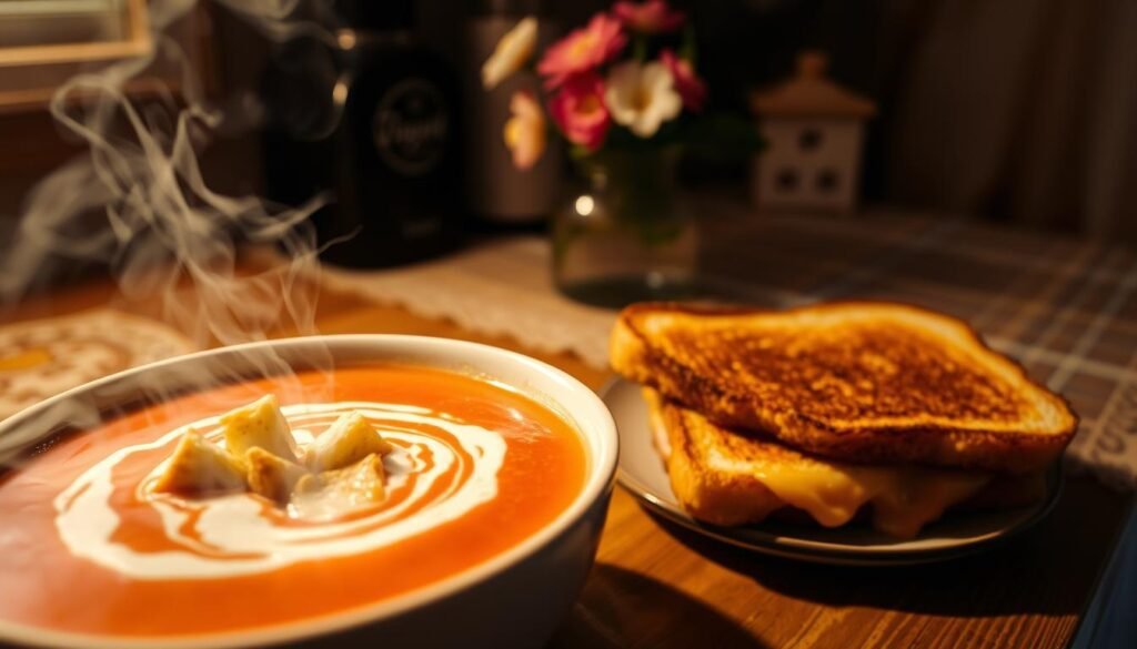 A cozy kitchen counter, dimly lit by warm, soft lighting. In the foreground, a steaming bowl of homemade tomato soup, garnished with crisp croutons and a swirl of creamy sour cream. Beside it, a grilled cheese sandwich, its golden-brown exterior beckoning. Wisps of steam rise from the sandwich, the cheese oozing temptingly. In the background, a vintage-inspired tablecloth and a small vase of fresh flowers add a touch of rustic charm. The overall scene evokes a sense of comfort, simplicity, and indulgence - the perfect cozy comfort food for a date night at home.