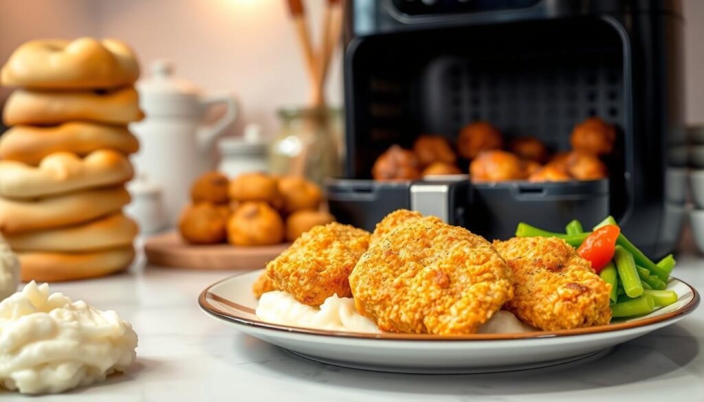 A cozy kitchen scene showcasing a variety of air fryer-prepared comfort food dishes. In the foreground, a plate features crispy chicken tenders, golden brown and lightly speckled, accompanied by a side of fluffy mashed potatoes and vibrant steamed vegetables. In the middle ground, an open air fryer reveals a batch of savory meatballs, sizzling and caramelized. On the counter, a stack of freshly baked, buttery garlic knots emits an enticing aroma. The background is softly lit, casting a warm, inviting glow over the scene, creating an atmosphere of homey, satisfying goodness.