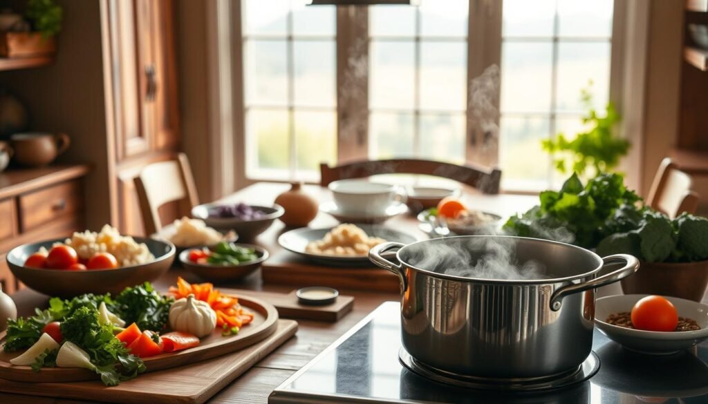A cozy kitchen scene showcasing a variety of one-pot meals. In the foreground, a large simmering pot takes center stage, steam rising gently. Surrounding it, an array of fresh ingredients - chopped vegetables, herbs, and spices - ready to be added. In the middle ground, a wooden table is set with simple yet elegant dishware, hinting at the delicious, wholesome meal to come. The background features warm, muted tones, with a window overlooking a peaceful, natural landscape, letting in soft, diffused lighting that creates a welcoming, homely atmosphere. The overall scene conveys the ease and comfort of preparing nourishing, one-pot wonders in the kitchen.
