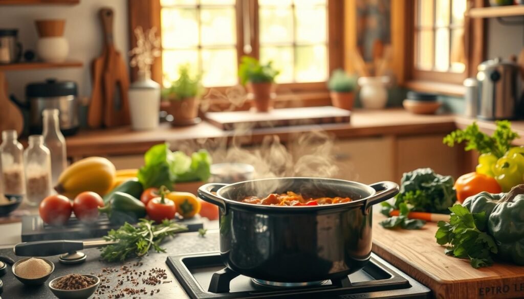 A cozy kitchen scene showcasing the beauty of one-pot cooking. In the foreground, a simmering pot on a rustic stove, steam rising and the aroma of a hearty stew or casserole filling the air. Surrounding the pot, an assortment of fresh, vibrant vegetables, herbs, and spices, neatly arranged as if carefully selected for the dish. In the middle ground, a wooden cutting board with a sharp knife, hinting at the preparation that went into this effortless meal. The background features warm, natural lighting filtering through a large window, casting a soft, inviting glow over the entire scene. The overall atmosphere exudes simplicity, comfort, and the satisfaction of a delicious, homemade creation with minimal cleanup.