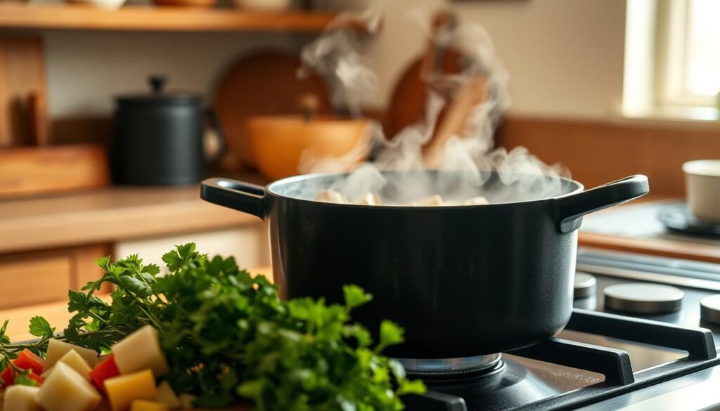 A cozy kitchen scene with a cast iron pot simmering on a stovetop, filled with a hearty one-pot meal. Soft, warm lighting illuminates the scene, casting a comforting glow. In the foreground, fresh herbs, spices, and chopped vegetables are arranged, hinting at the flavors within. The middle ground features the pot, its contents bubbling and steaming, the aroma wafting through the air. In the background, a wooden kitchen counter and simple shelving create a rustic, homey atmosphere. The overall mood is one of ease and efficiency, reflecting the "quick one pot weeknight dinners" theme.