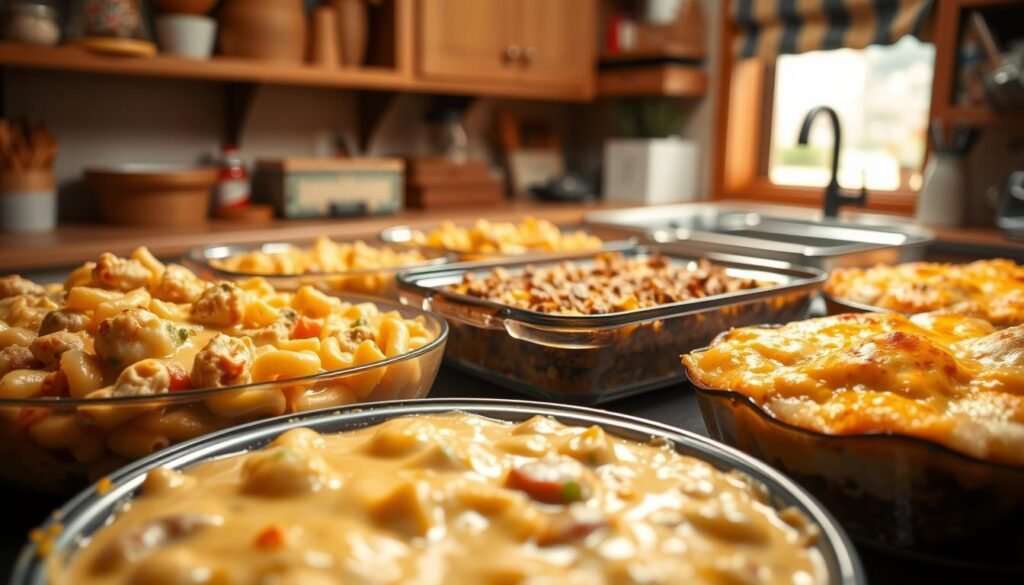 A cozy kitchen scene with a collection of homemade comfort food casseroles fresh from the oven. In the foreground, a golden-brown chicken and vegetable casserole, its creamy sauce bubbling, and a hearty beef and noodle casserole, their savory aromas filling the air. In the middle ground, a classic macaroni and cheese casserole, its molten cheese topping glistening, and a shepherd's pie with a fluffy mashed potato crust. In the background, a well-stocked pantry and a cheerful window letting in warm, soft lighting. The overall mood is one of nourishment, warmth, and familial togetherness.