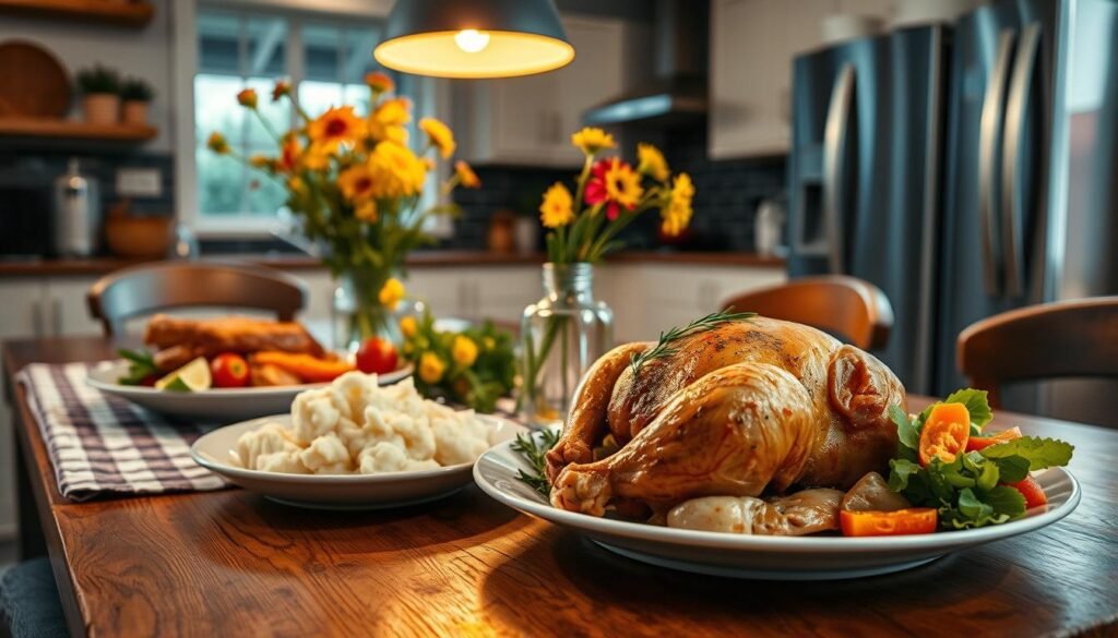 A cozy kitchen scene with a delicious chicken dinner taking center stage. In the foreground, a plate showcases a mouth-watering roasted chicken, golden-brown and garnished with fresh herbs. Surrounding the plate, an assortment of comforting side dishes - fluffy mashed potatoes, buttery sautéed vegetables, and a crisp salad dressed in a tangy vinaigrette. The middle ground features a rustic wooden table, its surface adorned with a checkered tablecloth and a vase of vibrant wildflowers. Warm, soft lighting from a pendant fixture casts a comforting glow, while natural light filters in through a nearby window, illuminating the scene. The background depicts a well-equipped kitchen, with gleaming stainless steel appliances and a tidy, organized workspace, conveying a sense of effortless weeknight meal preparation. A cozy kitchen scene with a delicious chicken dinner taking center stage. In the foreground, a plate showcases a mouth-watering roasted chicken, golden-brown and garnished with fresh herbs. Surrounding the plate, an assortment of comforting side dishes - fluffy mashed potatoes, buttery sautéed vegetables, and a crisp salad dressed in a tangy vinaigrette. The middle ground features a rustic wooden table, its surface adorned with a checkered tablecloth and a vase of vibrant wildflowers. Warm, soft lighting from a pendant fixture casts a comforting glow, while natural light filters in through a nearby window, illuminating the scene. The background depicts a well-equipped kitchen, with gleaming stainless steel appliances and a tidy, organized workspace, conveying a sense of effortless weeknight meal preparation.