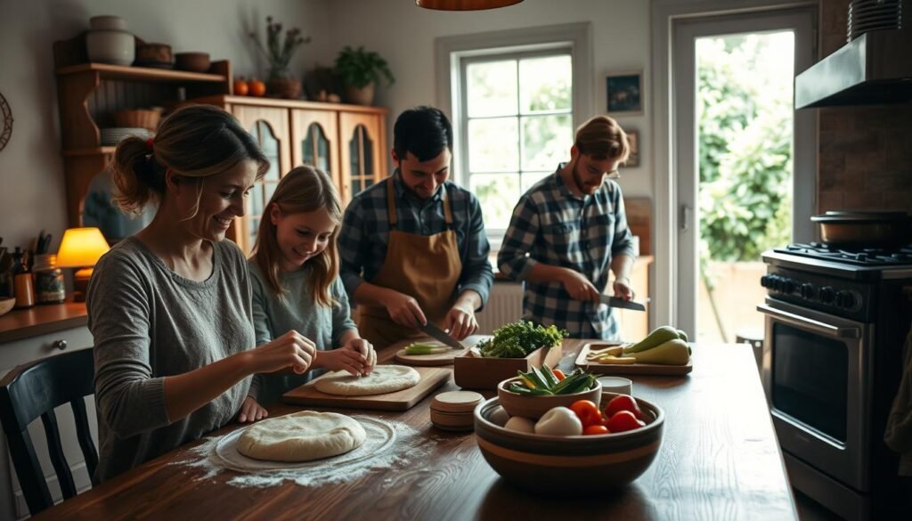 A cozy kitchen scene with a family of four gathered around a wooden table, preparing a simple yet delicious meal together. In the foreground, a mother and her young daughter kneading dough, their faces lit by the warm glow of a nearby lamp. In the middle ground, a father and son chopping fresh vegetables, their movements fluid and practiced. The background features a well-stocked pantry, a vintage-style oven, and a window overlooking a lush, green backyard. The lighting is soft and natural, casting a welcoming, homey atmosphere. The overall mood is one of comfort, togetherness, and the joy of uncomplicated, family-style cooking.