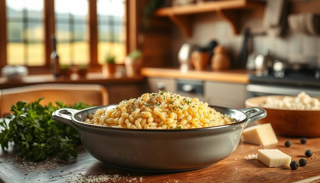A cozy kitchen scene with a one-pot dish of orzo pasta on a wooden table, bathed in warm, soft lighting. The orzo is creamy and comforting, surrounded by fresh herbs, grated cheese, and a few stray peppercorns. In the background, a blurred window reveals a scenic countryside view, hinting at the nourishing simplicity of this homemade meal. The composition emphasizes the centrality of the orzo, showcasing its versatility as a perfect choice for easy, satisfying one-pot pasta dishes.