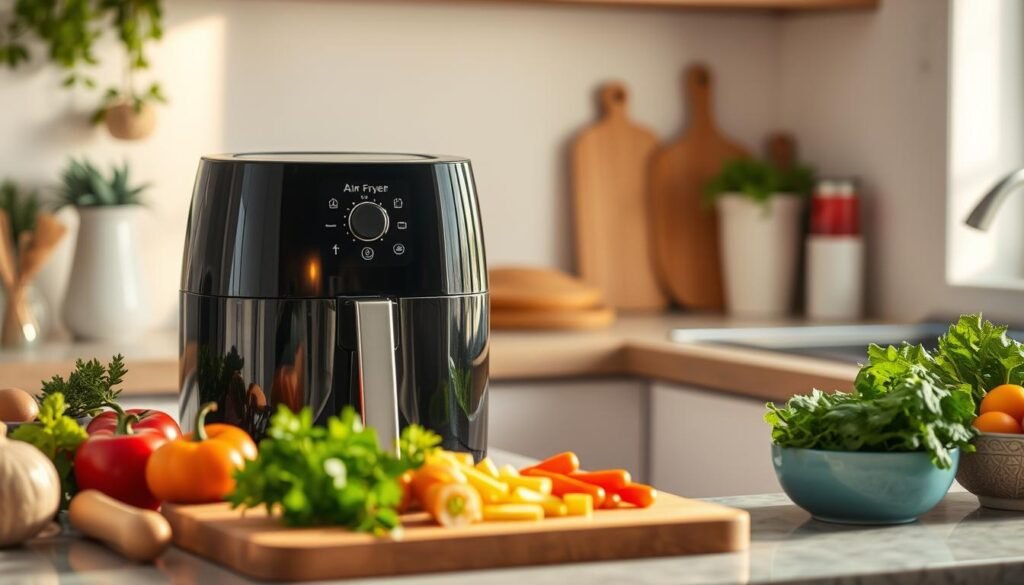 A cozy kitchen scene with an air fryer prominently displayed on the countertop, surrounded by fresh, vibrant ingredients such as vegetables, herbs, and spices. The air fryer is positioned in the foreground, bathed in warm, natural lighting that creates a welcoming atmosphere. In the middle ground, a chopping board with neatly arranged ingredients suggests the preparation of a simple, yet delicious meal. The background features a clean, minimalist design, allowing the air fryer and its potential to shine. The overall mood is one of effortless ease and the joy of uncomplicated, homemade cooking. A cozy kitchen scene with an air fryer prominently displayed on the countertop, surrounded by fresh, vibrant ingredients such as vegetables, herbs, and spices. The air fryer is positioned in the foreground, bathed in warm, natural lighting that creates a welcoming atmosphere. In the middle ground, a chopping board with neatly arranged ingredients suggests the preparation of a simple, yet delicious meal. The background features a clean, minimalist design, allowing the air fryer and its potential to shine. The overall mood is one of effortless ease and the joy of uncomplicated, homemade cooking.