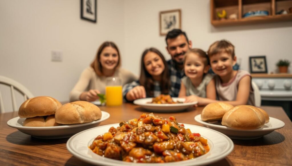 A cozy kitchen table set with a simple, homemade meal. In the foreground, a plate of hearty stew or casserole, accompanied by fresh rolls or bread, conveying a sense of nourishing, budget-friendly fare. In the middle ground, a family of four - a mom, dad, and two children - enjoying the meal together, their faces lit by warm, soft lighting, creating an intimate, inviting atmosphere. In the background, simple, minimalist decor, perhaps a potted plant or a framed family photo, suggesting a modest, but comfortable home setting. The overall scene evokes a sense of togetherness, warmth, and satisfaction around an affordable, satisfying family dinner.