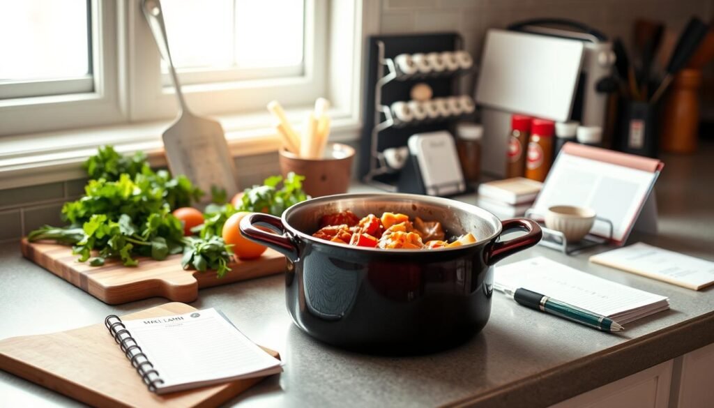 A cozy, well-lit kitchen counter with various cooking utensils and ingredients neatly arranged. In the foreground, a large, glossy pot simmers with a hearty, aromatic dish. Surrounding it, a cutting board with fresh vegetables, a bundle of herbs, and a stack of recipe cards. In the middle ground, a meal planning notepad and a pen rest alongside a strategically placed spice rack. The background features a bright window, allowing natural light to flood the scene, creating a warm, inviting atmosphere. The overall impression is one of organized efficiency and the joy of simple, one-pot meal preparation.