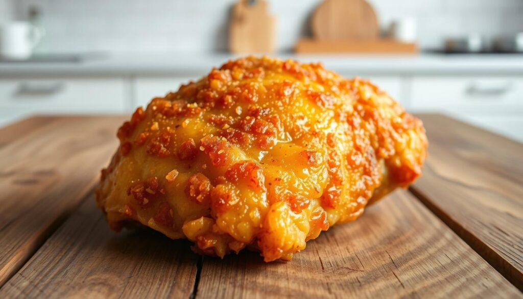A crisp, golden-brown air fried chicken breast, glistening with a light seasoning, takes center stage on a rustic wooden surface. The chicken is perfectly cooked, with a juicy interior and a delicate, crunchy exterior. The scene is bathed in soft, natural lighting, accentuating the succulent texture and appealing color of the meat. In the background, a simple, minimalist kitchen setting provides a clean, uncluttered backdrop, allowing the star of the image - the air fried chicken breast - to shine. The overall mood is one of simplicity, appetizing appeal, and the celebration of a classic, yet elevated, chicken dish.