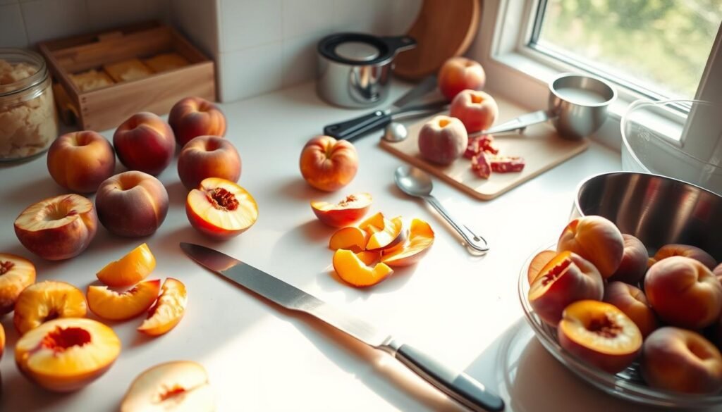 A crisp, well-lit kitchen counter, bathed in warm, natural light. Freshly picked peaches in various stages of preparation - sliced, diced, and arranged artfully, showcasing their vibrant colors and juicy textures. Alongside them, a collection of essential baking tools and utensils, including a sharp knife, measuring spoons, and a mixing bowl. The overall scene conveys a sense of culinary experimentation and the joy of creating delectable peach-based desserts, inviting the viewer to discover new recipes and techniques.