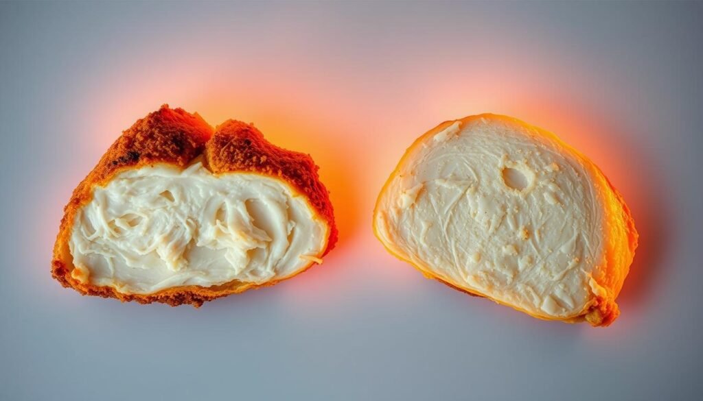 A cross-section of an air-fried chicken breast and an oven-baked chicken breast, illuminated by warm, directional lighting that accentuates their visual differences. The air-fried breast appears juicier, with a crisp, golden-brown exterior and a moist, tender interior. The oven-baked breast has a drier, more uniform appearance. The background is a clean, neutral gray, allowing the breasts to be the focal point and showcasing the science behind the superior moisture retention of air frying.