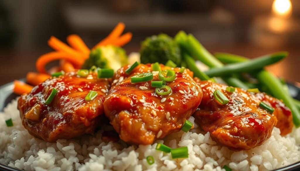 A delectable Asian-inspired quick chicken dish, featuring tender, juicy chicken thighs in a glistening, aromatic sauce. The chicken is seared to golden-brown perfection, with a hint of char on the edges. In the foreground, the chicken is nestled on a bed of steaming white rice, garnished with vibrant, thinly sliced scallions and toasted sesame seeds. In the middle ground, a selection of fresh, crisp vegetables, such as broccoli florets, julienned carrots, and snow peas, add a burst of color and texture. The background is hazy, with a soft, moody lighting that casts a warm, inviting glow over the scene, evoking the comforting atmosphere of a cozy, family-style meal. The overall composition is visually appealing and appetizing, perfectly capturing the essence of an "Asian-Inspired Quick Chicken" dish. A delectable Asian-inspired quick chicken dish, featuring tender, juicy chicken thighs in a glistening, aromatic sauce. The chicken is seared to golden-brown perfection, with a hint of char on the edges. In the foreground, the chicken is nestled on a bed of steaming white rice, garnished with vibrant, thinly sliced scallions and toasted sesame seeds. In the middle ground, a selection of fresh, crisp vegetables, such as broccoli florets, julienned carrots, and snow peas, add a burst of color and texture. The background is hazy, with a soft, moody lighting that casts a warm, inviting glow over the scene, evoking the comforting atmosphere of a cozy, family-style meal. The overall composition is visually appealing and appetizing, perfectly capturing the essence of an "Asian-Inspired Quick Chicken" dish.