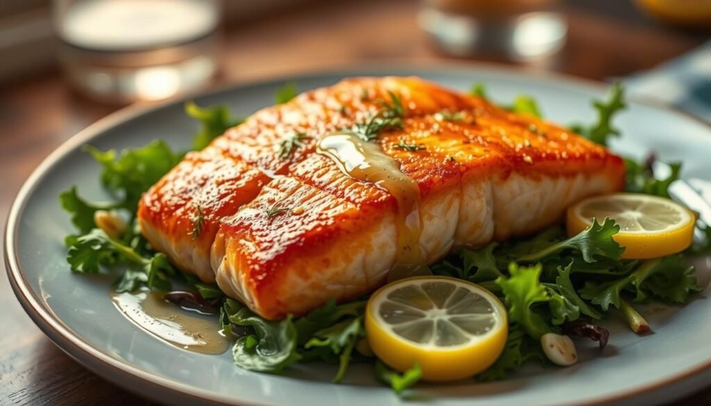 A delectable air-fried salmon fillet, perfectly golden-brown, sizzling with a delicate crisp on the outside and meltingly tender within, nestled atop a bed of vibrant greens, drizzled with a glistening lemon-dill sauce. The scene is bathed in warm, soft lighting, casting a cozy, inviting ambiance. The camera angle captures the dish from a slightly elevated perspective, showcasing the alluring texture and juicy, flaky nature of the salmon. The overall composition exudes a sense of effortless sophistication, enticing the viewer to savor every bite of this simple, yet sublime, air fryer creation.