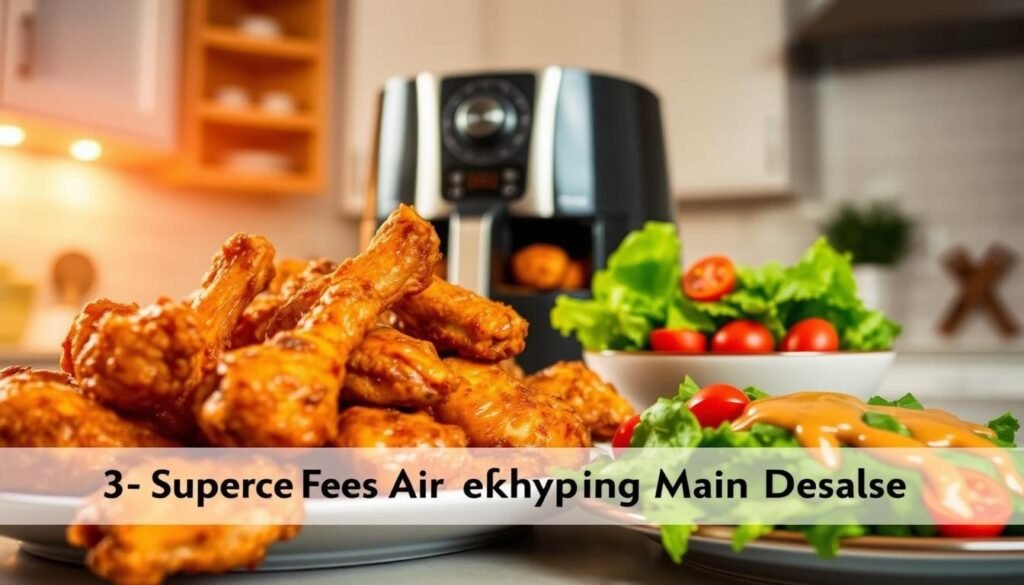 A delectable air fryer dinner scene, bathed in warm lighting and set against a cozy, minimalist kitchen backdrop. In the foreground, an array of golden-brown, crispy chicken wings, their succulent juices glistening. Nestled alongside, a vibrant side salad with fresh greens, cherry tomatoes, and a drizzle of zesty dressing. In the middle ground, a sleek, modern air fryer takes center stage, its tempting contents hinting at the ease and convenience of the cooking process. The background features clean, white cabinets and a subtle tile pattern, creating a harmonious, inviting atmosphere. This image captures the essence of a quick, effortless, and utterly delicious air fryer-based main dish, perfect for the "8 Super Easy Air Fryer Main Dishes" section of the article. A delectable air fryer dinner scene, bathed in warm lighting and set against a cozy, minimalist kitchen backdrop. In the foreground, an array of golden-brown, crispy chicken wings, their succulent juices glistening. Nestled alongside, a vibrant side salad with fresh greens, cherry tomatoes, and a drizzle of zesty dressing. In the middle ground, a sleek, modern air fryer takes center stage, its tempting contents hinting at the ease and convenience of the cooking process. The background features clean, white cabinets and a subtle tile pattern, creating a harmonious, inviting atmosphere. This image captures the essence of a quick, effortless, and utterly delicious air fryer-based main dish, perfect for the "8 Super Easy Air Fryer Main Dishes" section of the article.