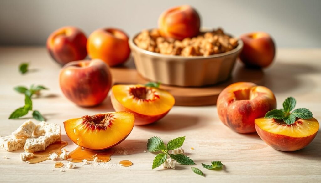 A delectable arrangement of fresh, ripe peach halves arranged on a light wooden surface, glistening in natural lighting. In the foreground, a selection of complementary toppings and garnishes, such as crumbled shortbread, a drizzle of honey, and a sprinkling of chopped mint leaves. The middle ground features a classic peach cobbler or crisp, its golden-brown crust inviting the viewer to imagine the soft, juicy fruit and warm spices within. In the background, a minimalist backdrop of soft, muted tones allows the vibrant peach colors to take center stage, creating a serene, appetizing scene.