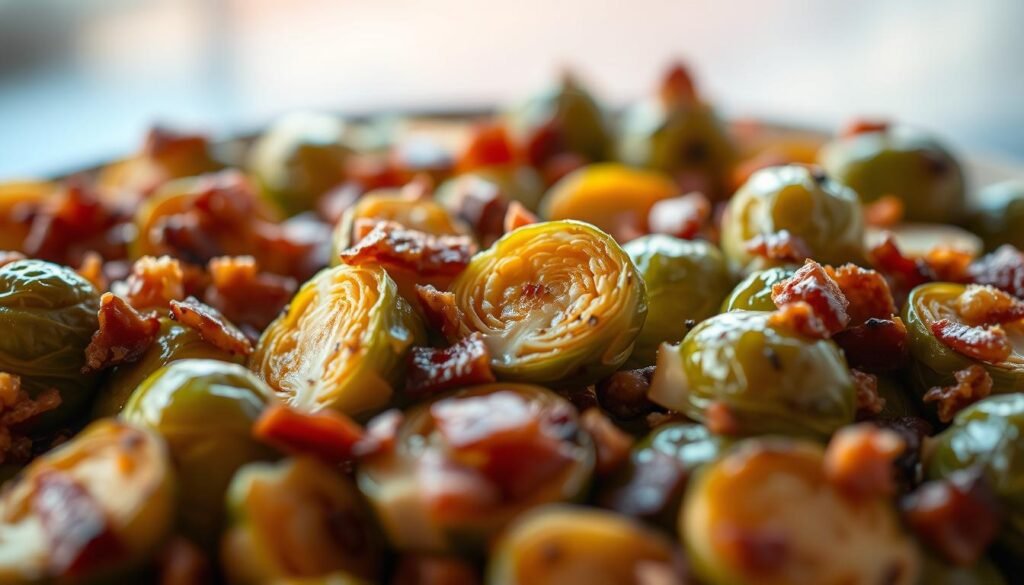A delectable close-up of golden-brown Brussels sprouts roasted to perfection, their leaves crisped to a satisfying crunch. Savory bacon bits are generously scattered, adding a salty, smoky contrast. The sprouts are arranged artfully in the center of the frame, bathed in warm, soft lighting that highlights their natural texture and colors. The background is softly blurred, allowing the sprouts to take center stage. The overall mood is one of inviting, rustic simplicity - a visually enticing, appetizing side dish that would complement any air-fried meal.
