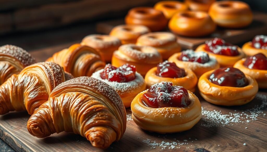 A delectable display of freshly baked air fryer pastries, arranged with artful precision on a rustic wooden surface. In the foreground, flaky, golden-brown croissants exude a tantalizing aroma, complemented by plump, glistening cinnamon-sugar doughnuts. The middle ground showcases a selection of buttery, bite-sized Danish pastries, each topped with vibrant fruit compote and a dusting of powdered sugar. Bathed in warm, soft lighting that casts gentle shadows, the scene evokes the inviting ambiance of a cozy bakery. The overall composition radiates an air of indulgence and sophistication, perfectly capturing the essence of "Air Fryer Bakery-Style Treats."
