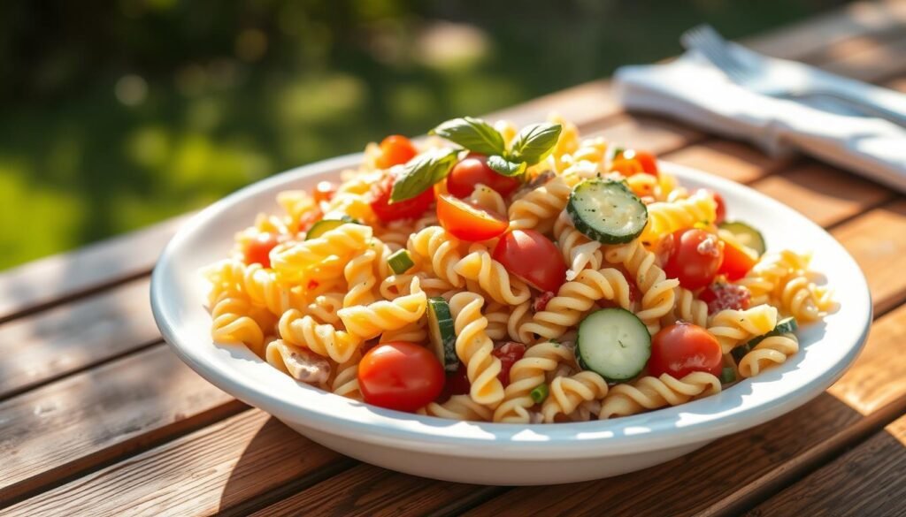 A delectable make-ahead pasta salad nestled on a wooden table, bathed in warm afternoon sunlight. Vibrant tri-color fusilli twirl with fresh vegetables - crisp bell peppers, juicy cherry tomatoes, and sliced cucumber. A creamy, herb-infused dressing gently coats the pasta, accentuating the flavors. Garnished with sprigs of basil, this visually appealing and perfectly portable dish evokes the laidback charm of a summer picnic, ready to delight at any backyard barbecue. A delectable make-ahead pasta salad nestled on a wooden table, bathed in warm afternoon sunlight. Vibrant tri-color fusilli twirl with fresh vegetables - crisp bell peppers, juicy cherry tomatoes, and sliced cucumber. A creamy, herb-infused dressing gently coats the pasta, accentuating the flavors. Garnished with sprigs of basil, this visually appealing and perfectly portable dish evokes the laidback charm of a summer picnic, ready to delight at any backyard barbecue.