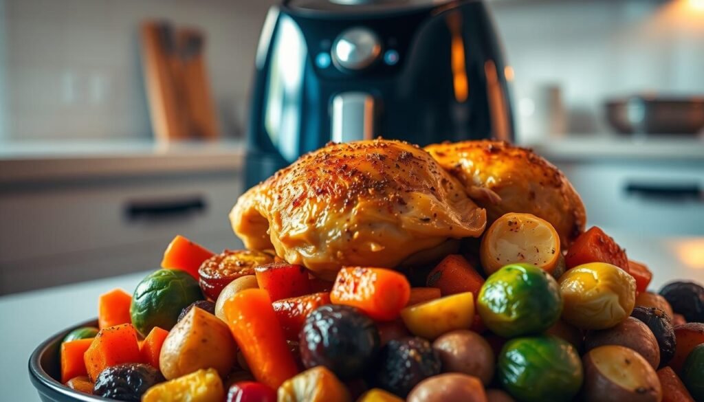A delectable one-pot air fryer meal, showcasing a golden-brown roasted chicken atop a vibrant medley of fresh vegetables. In the foreground, tender pieces of chicken, seasoned to perfection, are nestled amongst a bounty of colorful carrots, Brussels sprouts, and baby potatoes, all perfectly air-fried to a crisp, caramelized finish. The middle ground features the sleek, modern design of the air fryer itself, gleaming under warm, directional lighting, casting soft shadows across the scene. In the background, a minimalist kitchen setting provides a clean, uncluttered backdrop, allowing the delicious meal to take center stage. The overall atmosphere exudes a sense of effortless, mouth-watering culinary mastery - a one-pot wonder that showcases the power and versatility of the air fryer.
