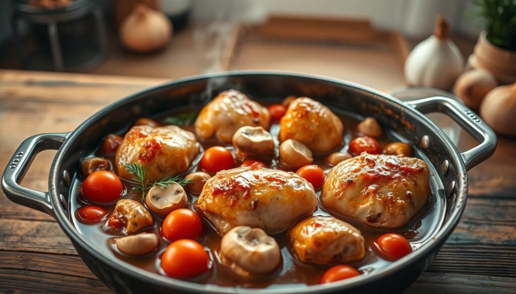 A delectable one-pot chicken dish, bathed in a rich, golden sauce, simmering on a rustic wooden table. In the foreground, tender chicken thighs and drumsticks mingle with vibrant vegetables - plump cherry tomatoes, earthy mushrooms, and fragrant garlic cloves. Subtle hints of herbs and spices waft through the air, creating a cozy, inviting atmosphere. The lighting is soft and warm, casting a gentle glow over the scene, emphasizing the dish's homemade, comforting nature. In the background, a blurred, minimalist kitchen setting provides a simple, uncluttered backdrop, allowing the star of the show - the quick, easy, and delicious one-pot chicken - to take center stage.