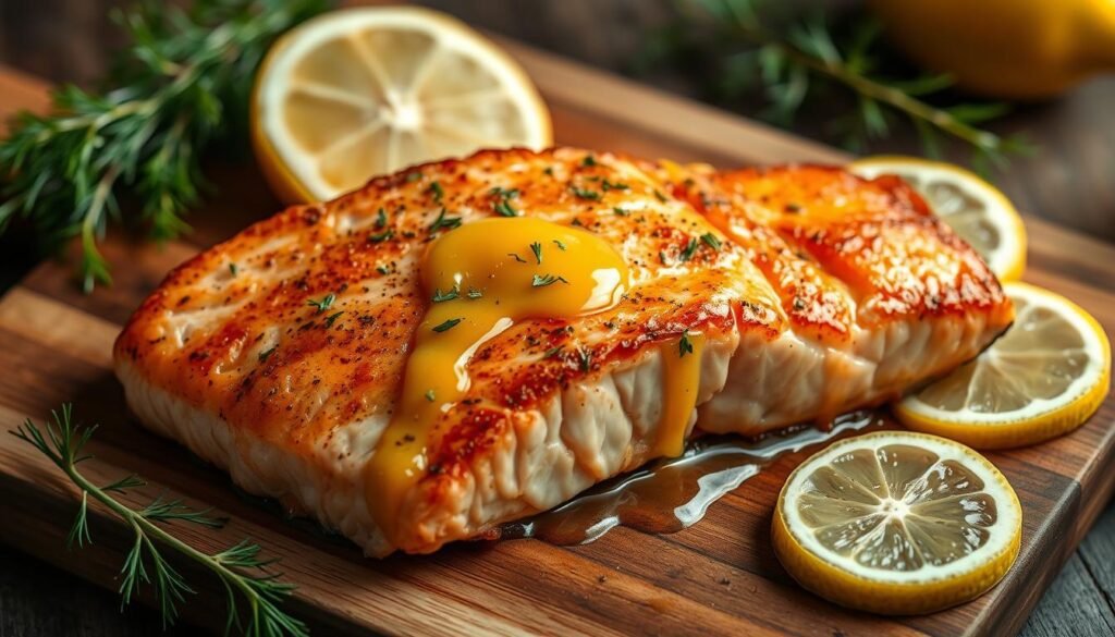 A delectable salmon fillet, perfectly seared in an air fryer, drizzled with a zesty lemon-garlic sauce. The fish's tender, flaky texture is highlighted by a golden-brown, crispy skin. Arranged artfully on a wooden cutting board, surrounded by fresh lemon slices and sprigs of fragrant dill. Soft, indirect lighting casts a warm, inviting glow, capturing the dish's mouthwatering essence. The overall scene exudes an air of simple, yet sophisticated, culinary mastery - a centerpiece worthy of any special occasion.