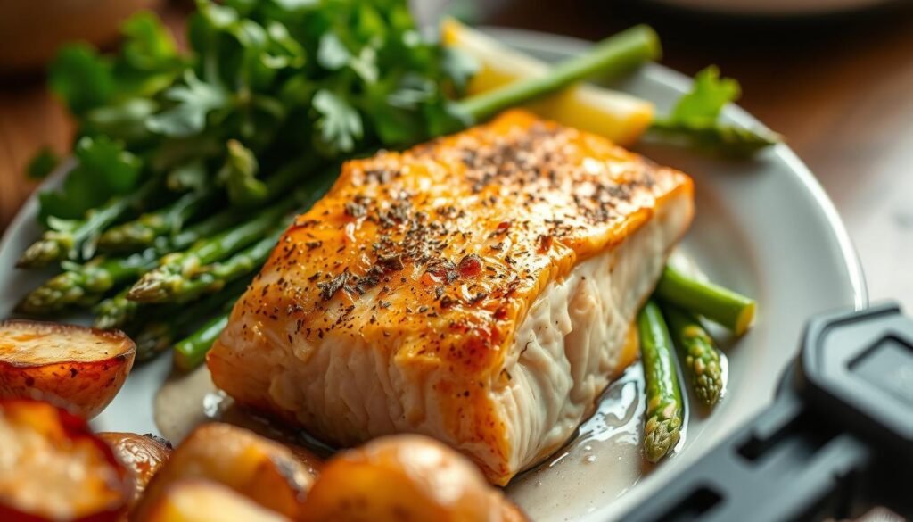 A delectable salmon fillet, sizzling to a golden perfection in an air fryer, set against a backdrop of vibrant greens and a warm, inviting atmosphere. The fish's flaky texture and rich, buttery flavor are accentuated by a delicate seasoning blend, casting a mouthwatering aroma throughout the cozy kitchen. Crisp-edged asparagus spears and roasted potatoes add vibrant pops of color and complementary flavors, creating a harmonious and satisfying weeknight dinner. Soft, diffused lighting casts a gentle glow, evoking a sense of comfort and effortless sophistication. The scene exudes an air of culinary mastery, promising a revolutionary and flavor-packed dining experience.