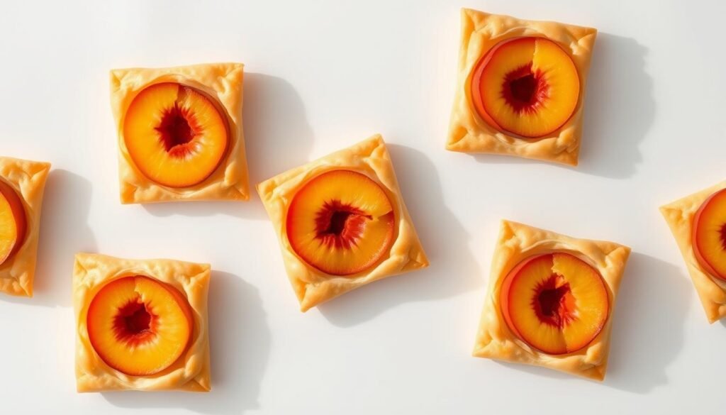 A delicate arrangement of golden-brown puff pastry squares, each housing a succulent, glistening peach half. The squares are artfully arranged on a pristine, white background, casting soft shadows that create depth and dimension. The lighting is soft and diffused, highlighting the flaky, buttery texture of the pastry and the juicy, vibrant hue of the peaches. The overall composition exudes an air of elegant simplicity, inviting the viewer to imagine the sweet, buttery flavor and delicate, melt-in-your-mouth texture of these creative peach puff pastry treats. A delicate arrangement of golden-brown puff pastry squares, each housing a succulent, glistening peach half. The squares are artfully arranged on a pristine, white background, casting soft shadows that create depth and dimension. The lighting is soft and diffused, highlighting the flaky, buttery texture of the pastry and the juicy, vibrant hue of the peaches. The overall composition exudes an air of elegant simplicity, inviting the viewer to imagine the sweet, buttery flavor and delicate, melt-in-your-mouth texture of these creative peach puff pastry treats.