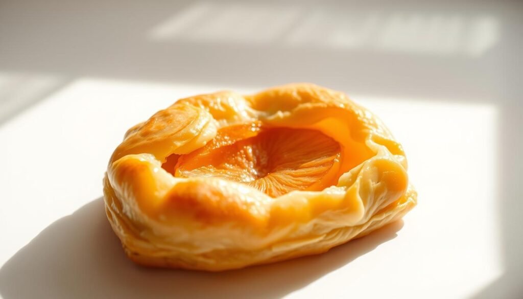 A delicate golden-brown puff pastry, fresh from the oven, with a glossy, lightly-caramelized glaze glistening on its surface. The peach filling is visible through the flaky layers, its vibrant orange-yellow hue contrasting beautifully. Soft natural lighting casts a warm glow, highlighting the intricate textures and casting gentle shadows. The pastry is presented on a clean, minimalist white background, allowing the focus to remain solely on the sumptuous dessert. The overall impression is one of elegance, indulgence, and the perfect balance of flaky, buttery pastry and sweet, juicy peach. A delicate golden-brown puff pastry, fresh from the oven, with a glossy, lightly-caramelized glaze glistening on its surface. The peach filling is visible through the flaky layers, its vibrant orange-yellow hue contrasting beautifully. Soft natural lighting casts a warm glow, highlighting the intricate textures and casting gentle shadows. The pastry is presented on a clean, minimalist white background, allowing the focus to remain solely on the sumptuous dessert. The overall impression is one of elegance, indulgence, and the perfect balance of flaky, buttery pastry and sweet, juicy peach.