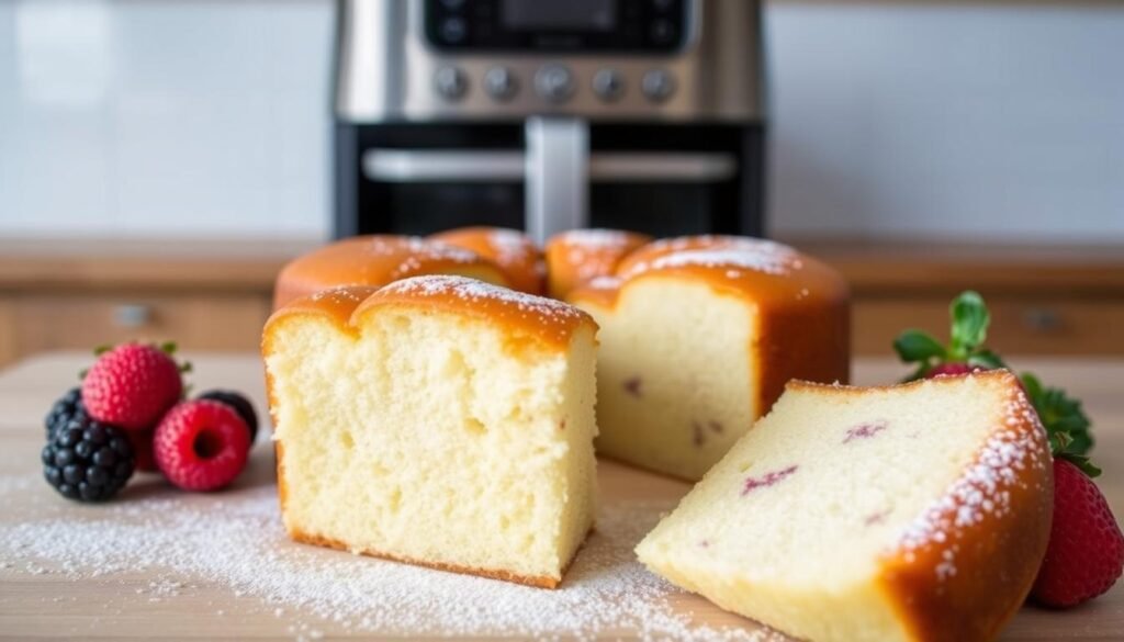 A delightful air fryer-baked dessert takes center stage, its golden-brown crust glistening under soft, directional lighting. In the foreground, a generous slice reveals a tempting interior of fluffy, moist cake complemented by a dusting of powdered sugar. Positioned alongside are fresh berries, their vibrant colors creating a visually appealing contrast. The background features a clean, minimalist kitchen setting, with stainless steel appliances and a wooden countertop providing a sleek, modern backdrop. The overall scene exudes a sense of effortless elegance and culinary success, perfectly capturing the essence of "air fryer dessert success."