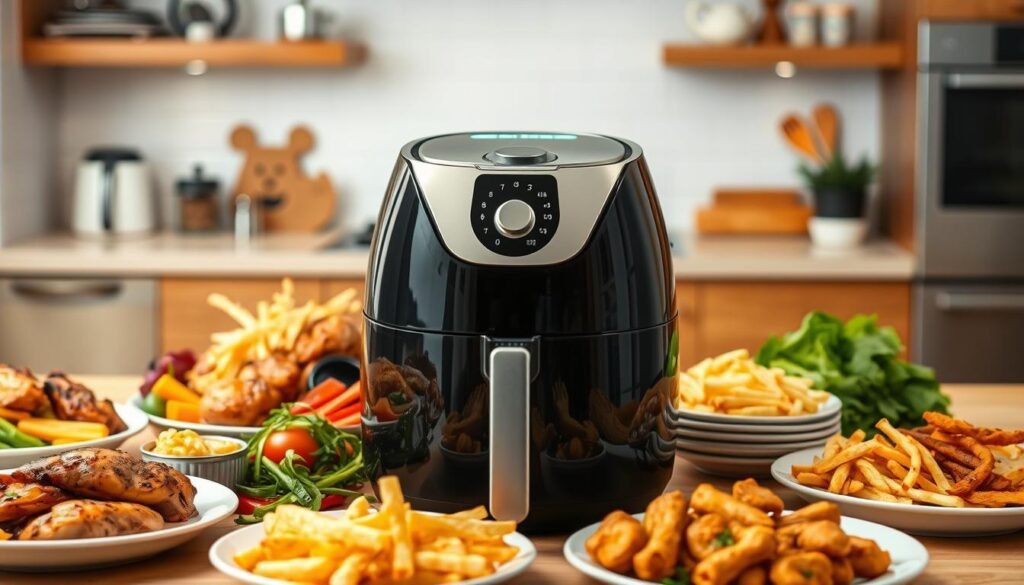 A delightful air fryer-prepared dinner, featuring a mouth-watering array of savory dishes set against a warm, inviting kitchen backdrop. In the foreground, an air fryer stands ready, its sleek design beckoning the viewer to experience its culinary magic. Surrounding it, an assortment of fresh ingredients - succulent chicken, crisp vegetables, and golden-brown fries - awaits transformation into a quick, satisfying meal. The middle ground showcases the delectable results, with plates of perfectly cooked, flavor-packed dishes. The background captures the cozy ambiance of a family kitchen, with soft lighting, wooden accents, and subtle hints of personalization that convey a sense of comfort and ease. The overall scene evokes a feeling of stress-free, quality time spent with loved ones, where a delicious, air fryer-made dinner is the centerpiece of a cherished moment.