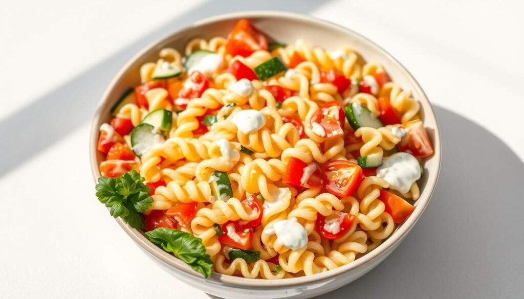 A delightful arrangement of fusilli pasta, fresh vegetables, and a creamy dressing, captured in a chilled, appetizing display. The pasta strands swirl gracefully, interspersed with vibrant diced tomatoes, crisp bell peppers, and slivers of zucchini. The entire scene is bathed in a soft, natural lighting, casting gentle shadows that accentuate the textures. The bowl is placed on a clean, neutral-toned surface, allowing the colors of the salad to pop. The mood is fresh, summery, and inviting, perfectly capturing the essence of a make-ahead cold pasta dish that will stay delicious throughout the day.