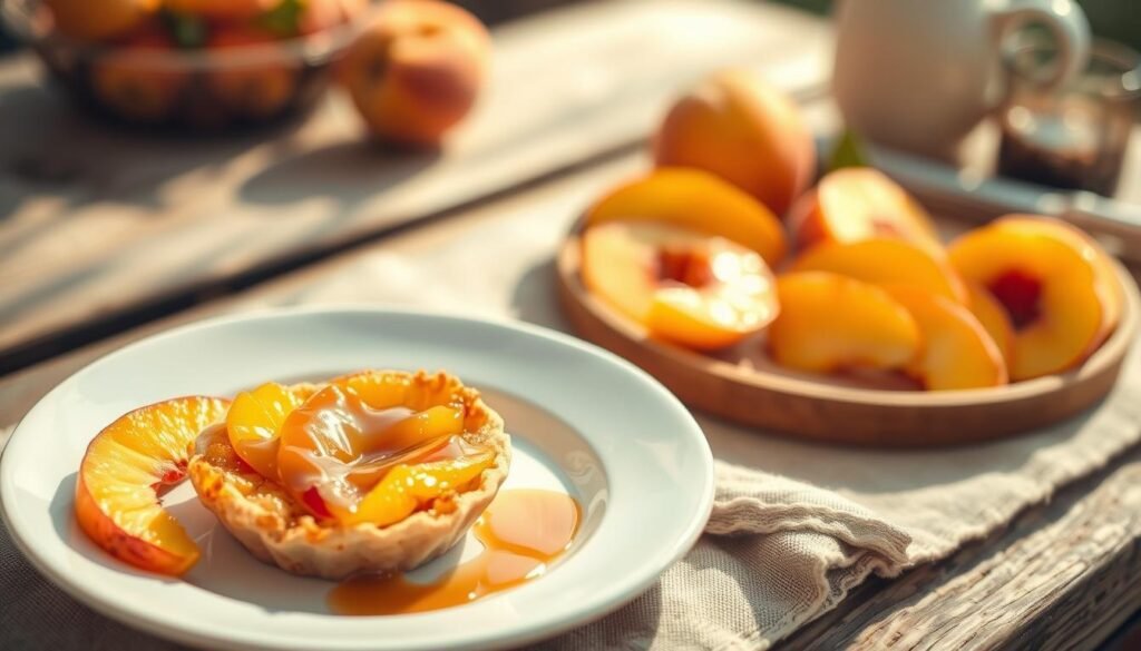 A delightful, sun-kissed scene of a quick and tempting peach dessert, captured with a shallow depth of field and warm, golden lighting. In the foreground, a plate showcases a delicate peach tart or cobbler, its flaky crust and juicy fruit filling glistening. Surrounding it, an array of fresh, ripe peach slices, drizzled with a luscious caramel sauce. In the middle ground, a rustic wooden table or surface, perhaps with a linen cloth, providing a natural, earthy backdrop. The background is blurred, hinting at a cozy, homey kitchen or outdoor setting, adding to the inviting atmosphere. The overall mood is one of simple, effortless elegance - a delightful, quick-to-prepare peach dessert that captures the essence of summer.