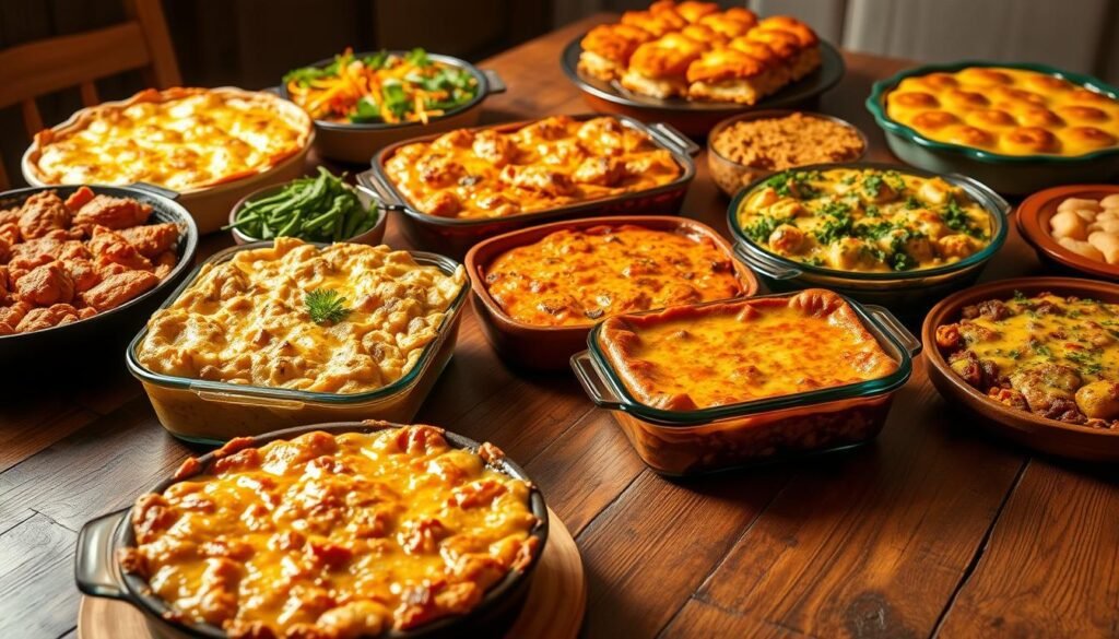 A diverse array of international casserole dishes arranged artfully on a rustic wooden table, bathed in warm, golden lighting. In the foreground, a savory shepherd's pie with a crisp, golden crust alongside a hearty Mexican-style enchilada casserole, vibrant with melted cheese and spices. In the middle ground, a fragrant Thai green curry casserole with tender chicken and aromatic herbs, complemented by a comforting French-inspired croque-monsieur casserole. In the background, a classic Italian lasagna and a traditional Greek moussaka, showcasing the global influences on this comforting culinary genre. The scene conveys a sense of culinary exploration and family-style dining, inviting the viewer to experience the diversity of international casserole recipes.