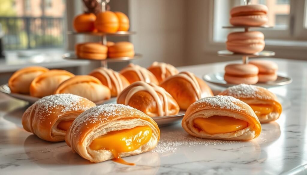 A elegant array of sophisticated peach pastries artfully arranged on a marble countertop. In the foreground, delicate peach puff pastry rolls filled with a creamy peach custard, dusted with powdered sugar. In the middle ground, flaky peach turnovers drizzled with a glossy glaze, their golden-brown crusts glistening. In the background, a tiered display of peach macarons, their shells a soft pink hue, filled with a velvety peach buttercream. Warm, natural lighting from a large window casts a soft, romantic glow over the scene. The overall mood is one of refined indulgence and culinary mastery. A elegant array of sophisticated peach pastries artfully arranged on a marble countertop. In the foreground, delicate peach puff pastry rolls filled with a creamy peach custard, dusted with powdered sugar. In the middle ground, flaky peach turnovers drizzled with a glossy glaze, their golden-brown crusts glistening. In the background, a tiered display of peach macarons, their shells a soft pink hue, filled with a velvety peach buttercream. Warm, natural lighting from a large window casts a soft, romantic glow over the scene. The overall mood is one of refined indulgence and culinary mastery.