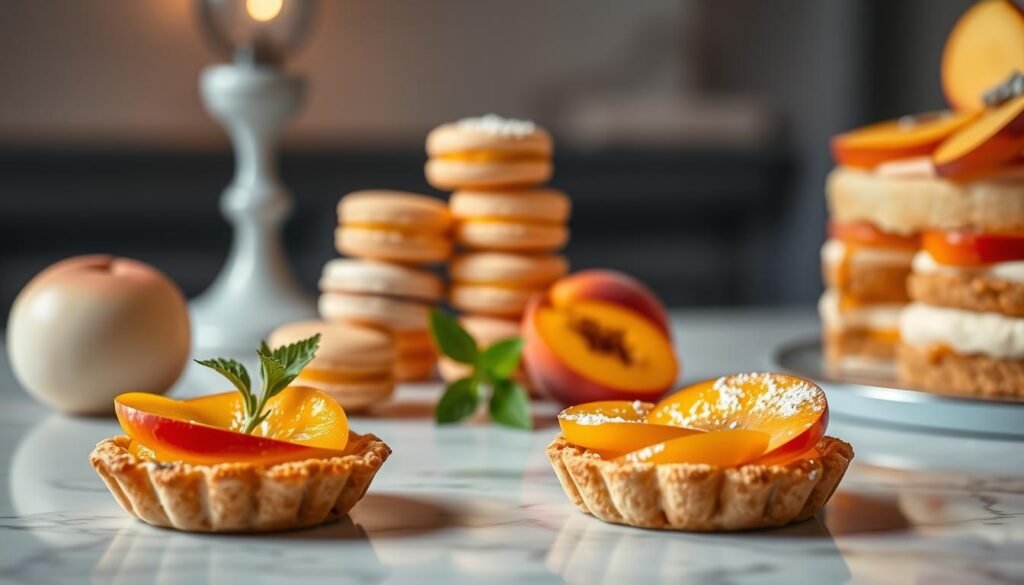 A elegant display of assorted peach desserts arranged on a marble countertop. In the foreground, a delicate peach tart with a flaky crust and a luscious peach filling, garnished with a sprig of mint. In the middle ground, a tower of peach macarons in pastel hues, their smooth shells contrasting with the creamy peach buttercream centers. In the background, a layered peach mousse cake, its layers of light sponge and silky peach mousse topped with fresh peach slices and a dusting of powdered sugar. Soft, warm lighting from above casts a gentle glow over the scene, highlighting the vibrant colors and textures of the desserts. A elegant display of assorted peach desserts arranged on a marble countertop. In the foreground, a delicate peach tart with a flaky crust and a luscious peach filling, garnished with a sprig of mint. In the middle ground, a tower of peach macarons in pastel hues, their smooth shells contrasting with the creamy peach buttercream centers. In the background, a layered peach mousse cake, its layers of light sponge and silky peach mousse topped with fresh peach slices and a dusting of powdered sugar. Soft, warm lighting from above casts a gentle glow over the scene, highlighting the vibrant colors and textures of the desserts.