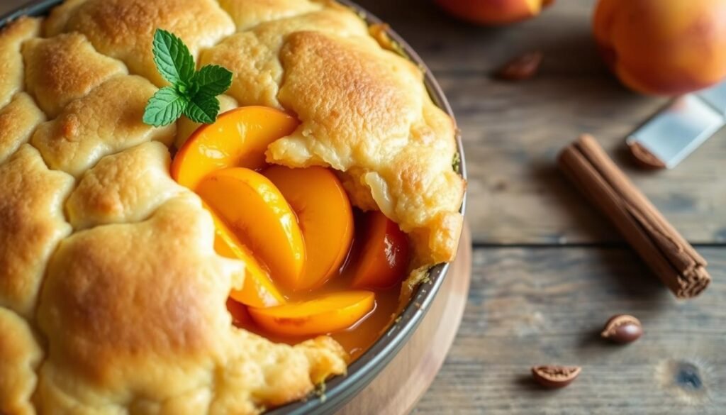 A freshly baked peach cobbler, its golden-brown crust glistening under the warm, natural lighting. The filling is a vibrant, sunset-hued blend of juicy, ripe peach slices, their sweetness complemented by a subtle hint of cinnamon. The cobbler sits atop a rustic wooden table, surrounded by a few scattered peach pits and a small sprig of mint, adding a touch of freshness. The scene evokes the comforting and timeless appeal of a classic homemade dessert, perfect for a summer afternoon. A freshly baked peach cobbler, its golden-brown crust glistening under the warm, natural lighting. The filling is a vibrant, sunset-hued blend of juicy, ripe peach slices, their sweetness complemented by a subtle hint of cinnamon. The cobbler sits atop a rustic wooden table, surrounded by a few scattered peach pits and a small sprig of mint, adding a touch of freshness. The scene evokes the comforting and timeless appeal of a classic homemade dessert, perfect for a summer afternoon.