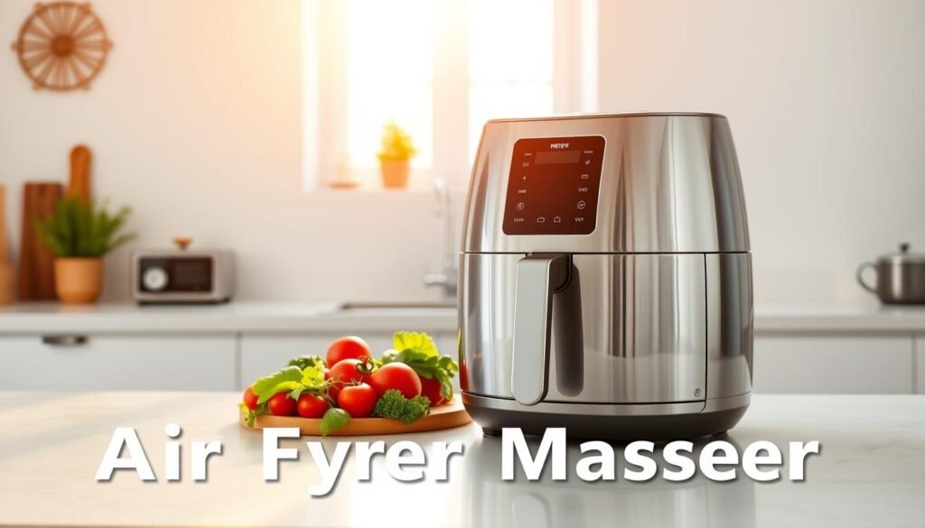 A gleaming silver air fryer on a modern kitchen counter, backlit by warm natural light streaming through a window. The air fryer sits prominently in the foreground, its sleek exterior and digital display exuding an aura of effortless cooking prowess. In the middle ground, an array of fresh, vibrant ingredients - juicy tomatoes, crisp greens, and fragrant herbs - are neatly arranged, hinting at the delicious, healthy meals that can be effortlessly created. The background showcases a minimalist, contemporary kitchen design, with clean white walls and subtle accent decor, creating a sense of calm and culinary confidence. The overall scene conveys a message of air fryer mastery - a guarantee of culinary success for even the most novice home cook. A gleaming silver air fryer on a modern kitchen counter, backlit by warm natural light streaming through a window. The air fryer sits prominently in the foreground, its sleek exterior and digital display exuding an aura of effortless cooking prowess. In the middle ground, an array of fresh, vibrant ingredients - juicy tomatoes, crisp greens, and fragrant herbs - are neatly arranged, hinting at the delicious, healthy meals that can be effortlessly created. The background showcases a minimalist, contemporary kitchen design, with clean white walls and subtle accent decor, creating a sense of calm and culinary confidence. The overall scene conveys a message of air fryer mastery - a guarantee of culinary success for even the most novice home cook.