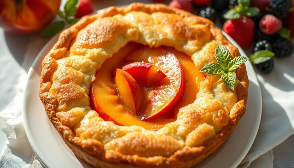 A golden-brown, freshly baked peach cobbler takes center stage, its flaky crust revealing a luscious filling of ripe, juicy peach slices. Alongside, a seasonal fruit medley, including vibrant raspberries, blackberries, and a scattering of fresh mint leaves, adds a colorful, natural contrast. The dessert is beautifully lit from above, casting warm, soft shadows that accentuate its inviting texture. The scene is captured with a shallow depth of field, keeping the cobbler in sharp focus while the background fades into a hazy, dreamlike softness, evoking the comfort and indulgence of a classic summer treat.